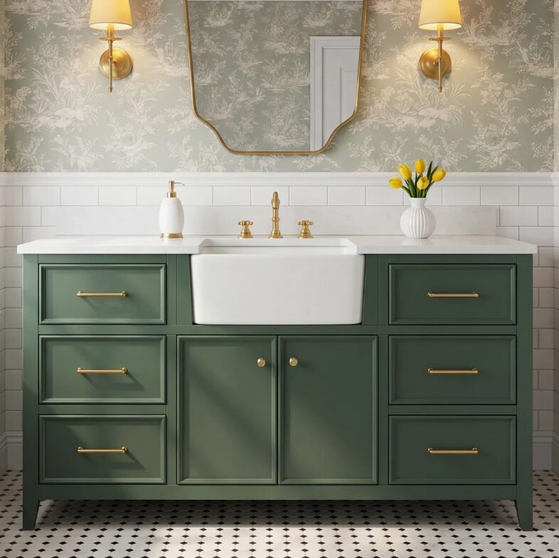 60 Inch Dark Green Farmhouse Single Farm Sink Bathroom Vanity, White Quartz Top & Brushed Gold Hardware