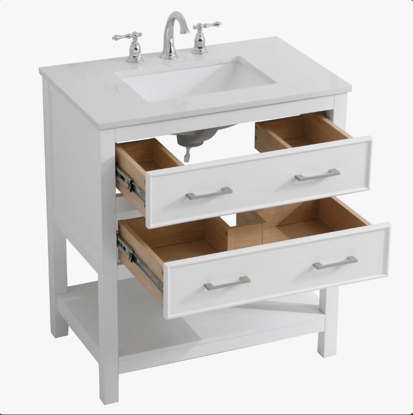 White Open Shelf Bathroom Vanity with White Quartz Countertop