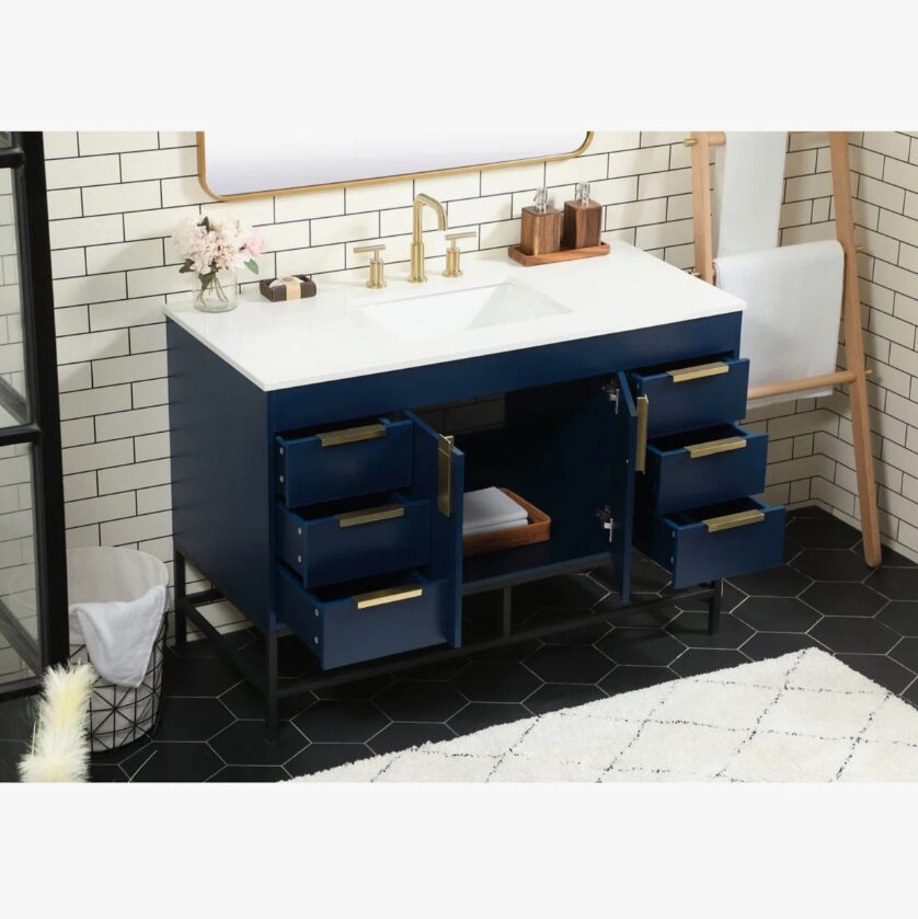 48 Inch Navy Blue Freestanding Bathroom Vanity with Gold Hardware