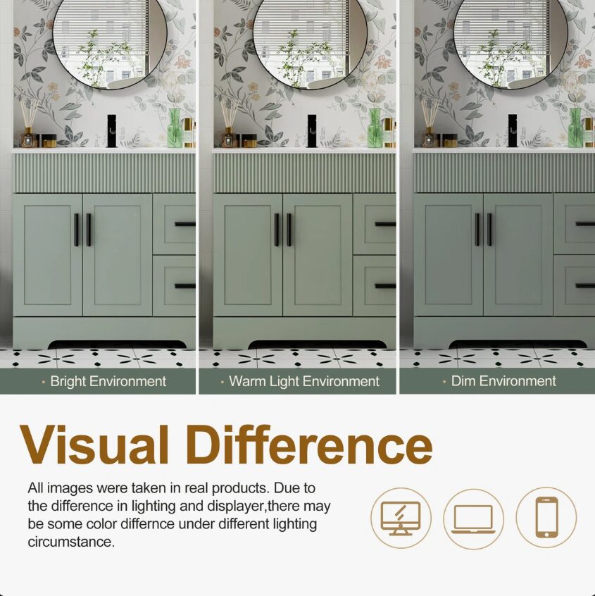 3 36" Sage Green Fluted Single Sink Bathroom Vanity Cabinet