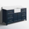 60 Inch Navy Blue Farmhouse Apron Front Single Sink Bathroom Vanity, White Quartz Countertop & Brushed Gold Hardware