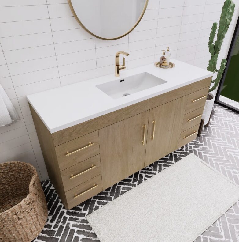 60 Inch Natural Oak Freestanding Single Undermount Sink Bathroom Vanity, White Quartz Top & Brushed Gold Hardware
