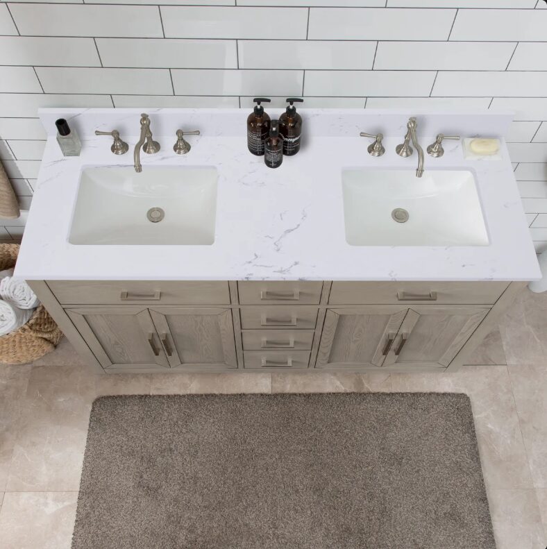 60 Inch Weathered Oak Double Undermount Sink Bathroom Vanity, White Marble Vein Quartz Top & Brushed Nickel Hardware