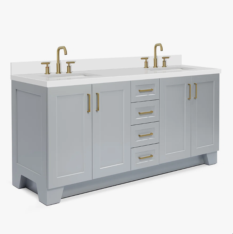 72 Inch Light Gray Shaker Double Undermount Sink Bathroom Vanity, White Quartz Countertop & Brushed Gold Hardware