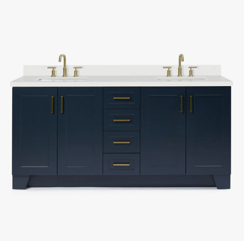 72 Inch Navy Blue Shaker Double Undermount Sink Bathroom Vanity, White Quartz Countertop & Brushed Gold Hardware