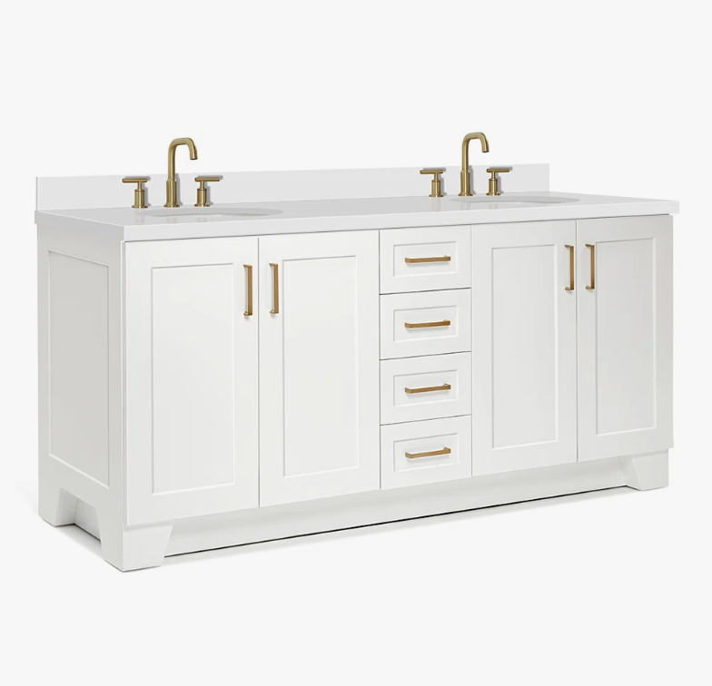 72 Inch White Shaker Double Undermount Sink Bathroom Vanity, White Quartz Countertop & Brushed Gold Hardware