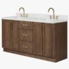 3 72 Inch Walnut Oak Shaker Double Undermount Sink Bathroom Vanity, White Quartz Countertop & Brushed Gold Hardware