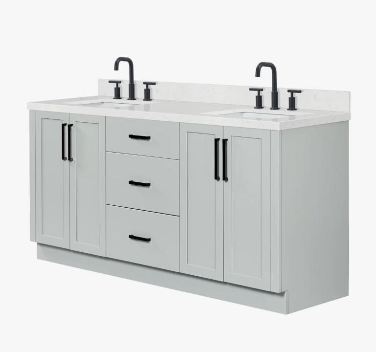72 Inch Light Gray Shaker Double Undermount Sink Bathroom Vanity, White Marble Vein Quartz Top & Matte Black Hardware
