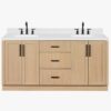 72 Inch Natural Oak Shaker Double Undermount Sink Bathroom Vanity, White Quartz Countertop & Matte Black Hardware