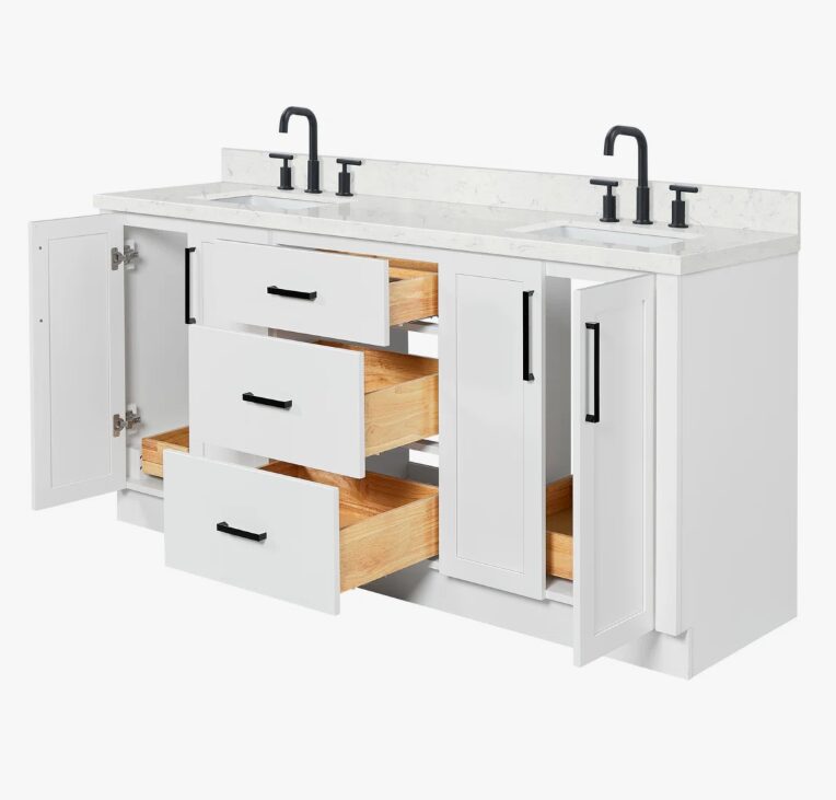 3 72 Inch Pure White Shaker Double Undermount Sink Bathroom Vanity, White Quartz Countertop & Matte Black Hardware