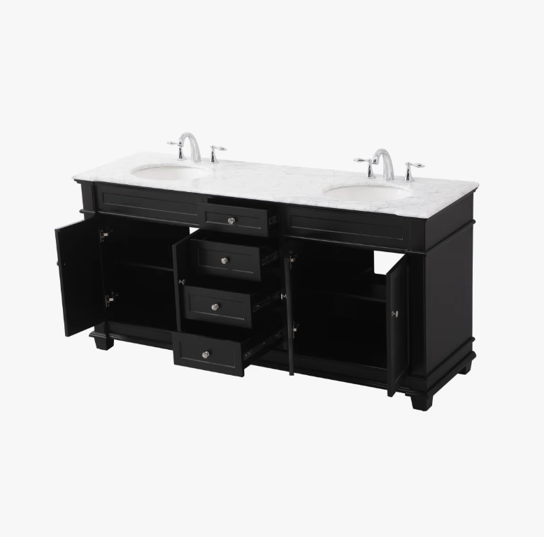 72 Inch Traditional Matte Black Double Sink Bathroom Vanity, Carrara Marble Countertop & Chrome Hardware