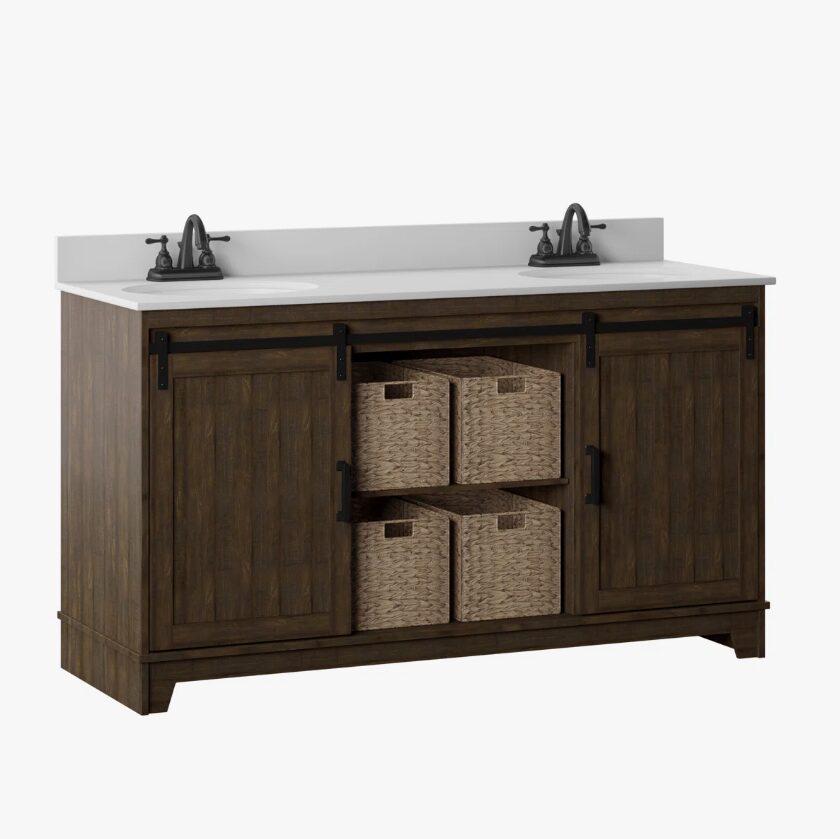 Dark Oak Double Sink Bathroom Vanity with Open Central Storage Space