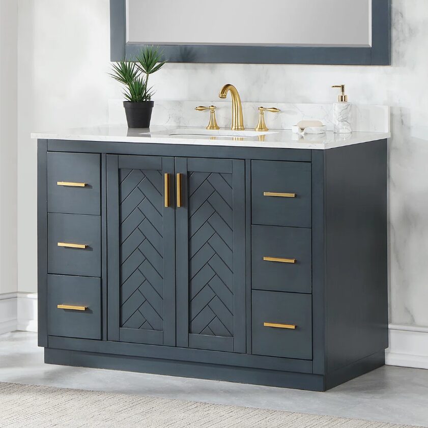 Modern Navy Wood Bathroom Vanity with Gold Hardware