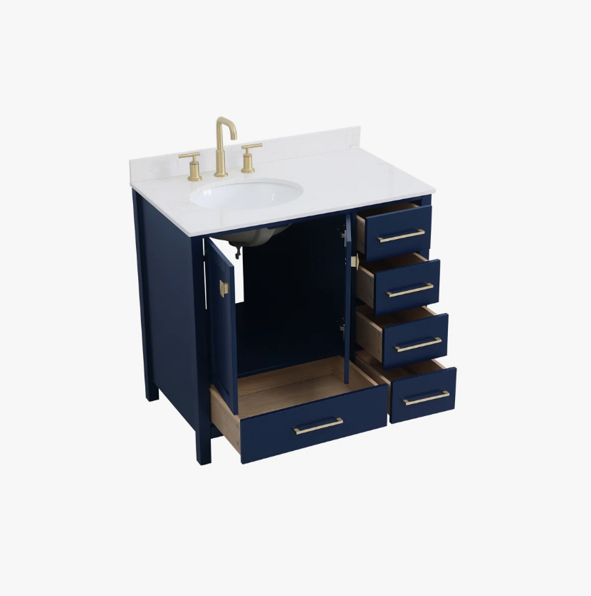 Navy Shaker Bathroom Vanity with 5 Storage Drawers & Double Doors