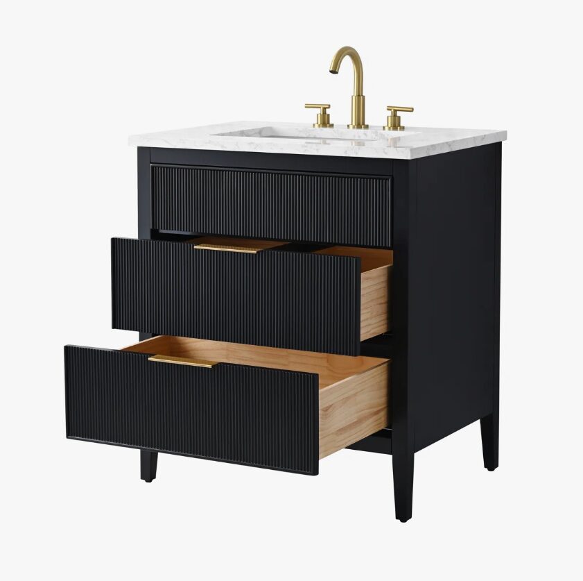 Modern Fluted Bathroom Vanity with Gold Handles & Marble Top
