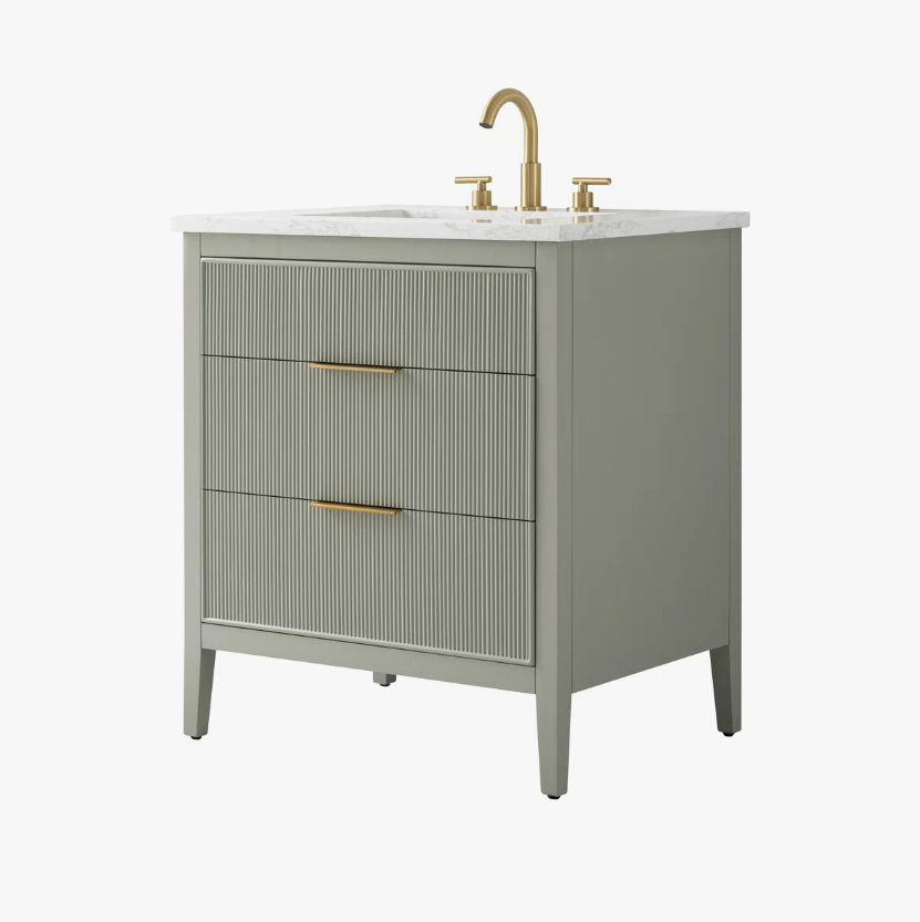 3 Soft Sage Reeded Bathroom Vanity with Brushed Gold Hardware