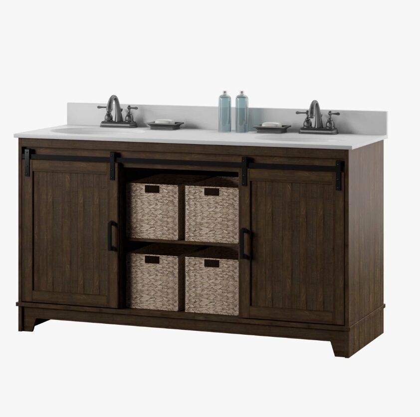 Dark Oak Double Sink Bathroom Vanity with Open Central Storage Space