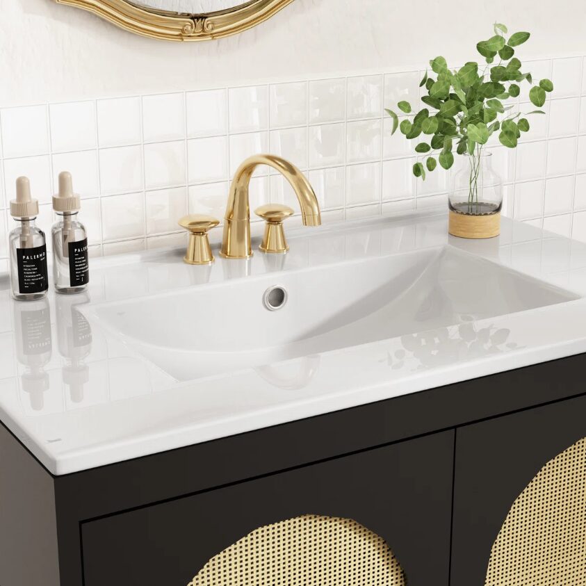 4 30 Inch Black Mid-Century Rattan Freestanding Single Sink Bathroom Vanity with Gold Knobs
