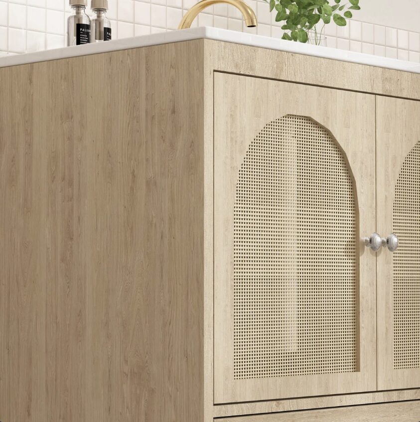 4 Arched Rattan Door Mid-Century Modern Bathroom Vanity Cabinet