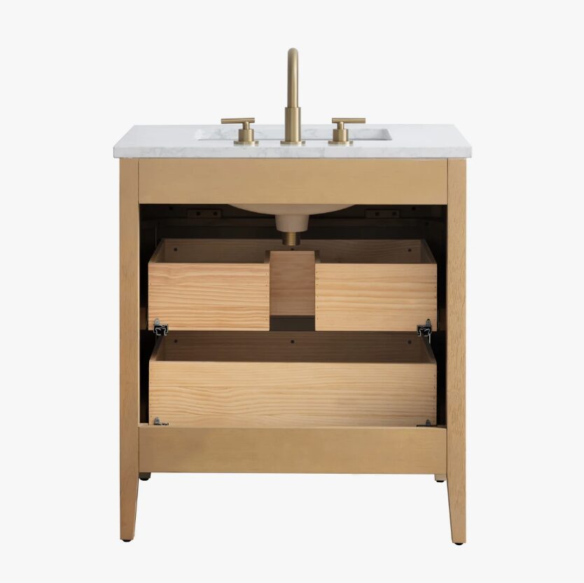 4 Coastal Fluted Oak Bathroom Vanity with Marble Top