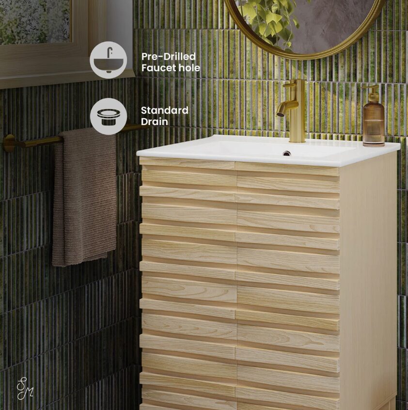 4 Handleless Slat Front Modern Light Wood Single Sink Vanity Cabinet