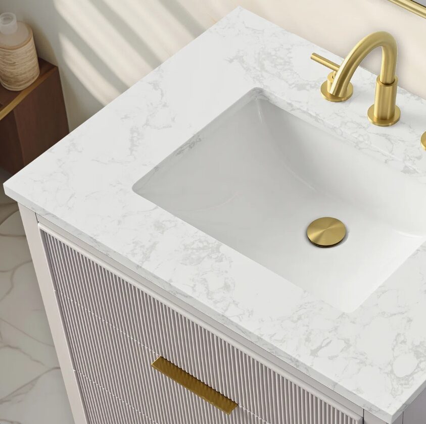 4 Soft Grey Reeded Bath Vanity with Brushed Gold Pull Handles