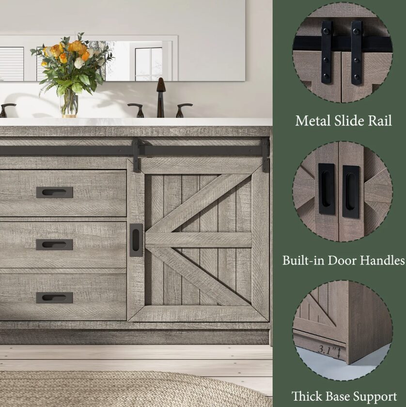 4 Rustic Grey Wood Double Vanity Cabinet with Storage Drawers