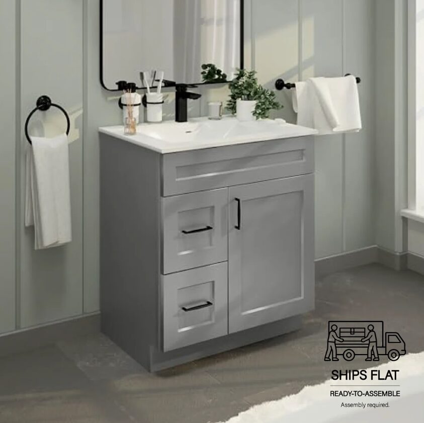 Modern Light Gray Single Sink Vanity Cabinet with Solid Wood Drawer Boxes