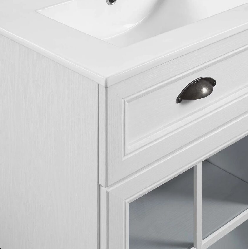 4 Traditional White Double Vanity with Integrated White Solid Surface Countertop