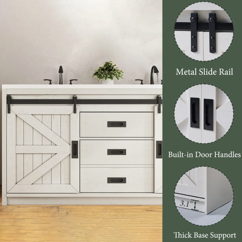 Rustic White Double Vanity Cabinet with Storage Drawers