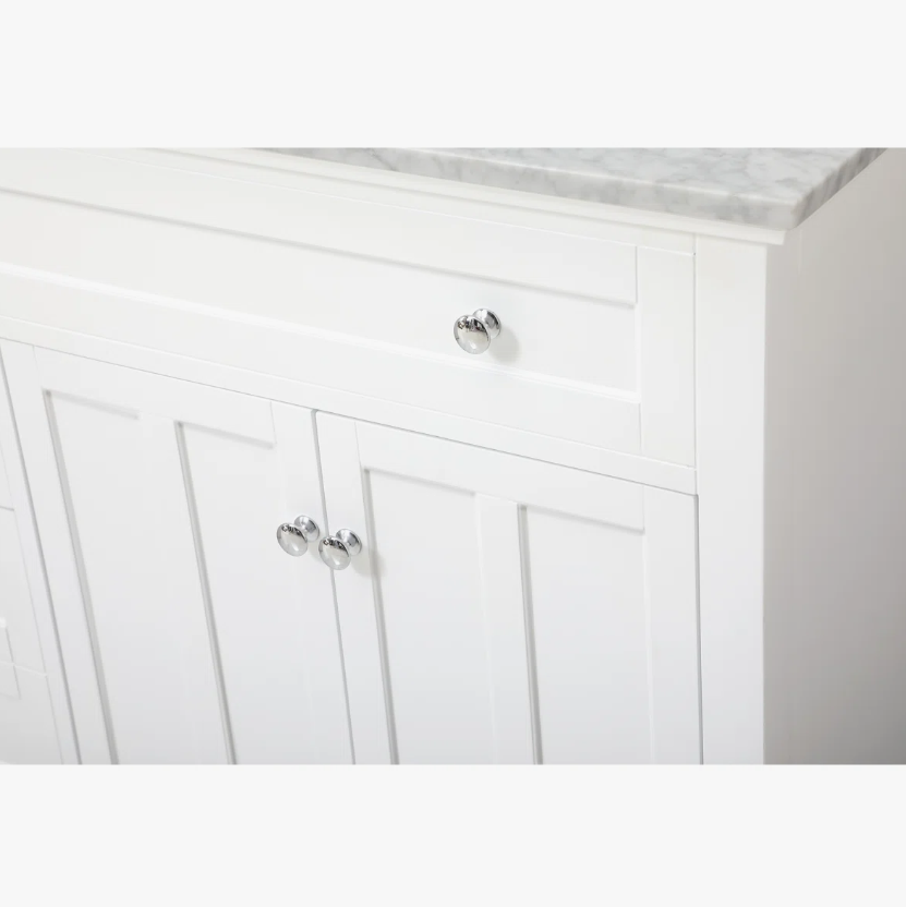 4 42 Inch White Shaker Single Sink Bathroom Vanity with Carrara Marble Top & 4 Drawers