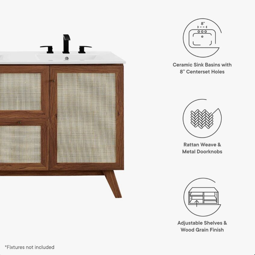 4 48 Inch Walnut Rattan Double Sink Mid-Century Bathroom Vanity with White Quartz Top