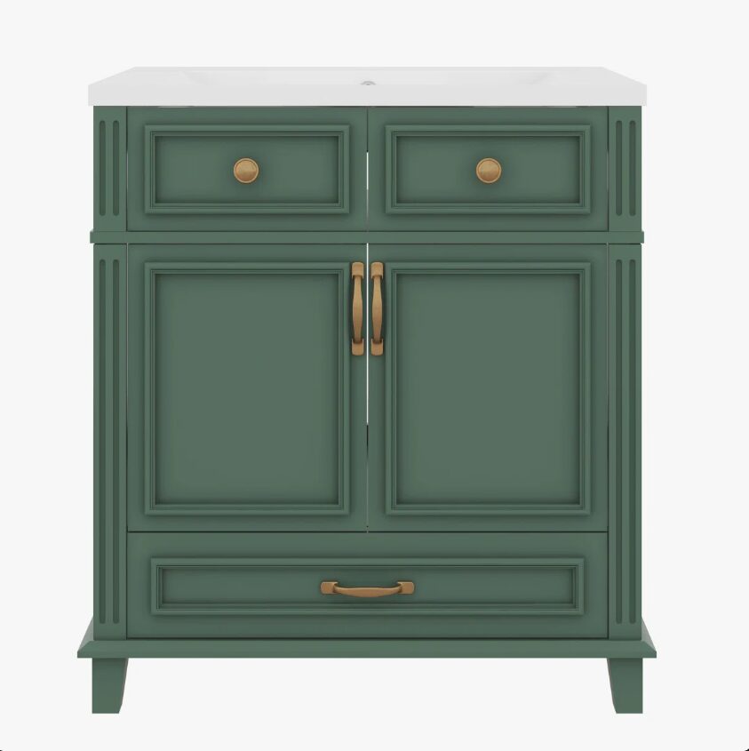 30" Farmhouse Sage Green Wood Vanity with Multi Storage for Small Guest Bathrooms