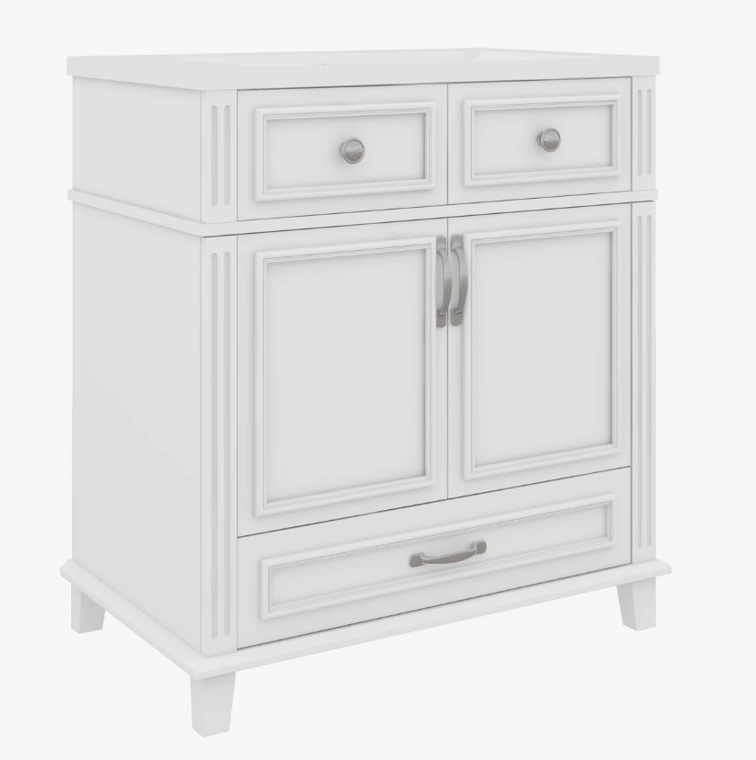 4 30 Inch White Shaker Freestanding Bathroom Vanity with Integrated Ceramic Sink & Large Storage Drawer