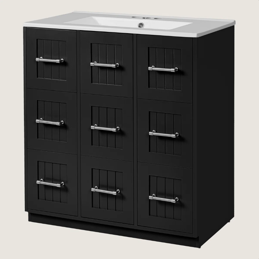 30" Black Vanity with White Sink & 9 Storage Drawers