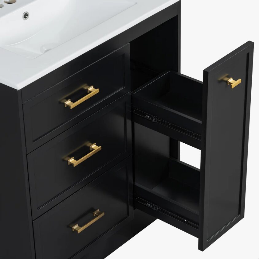 4 30" Black Vanity Cabinet with White Sink & Gold Hardware