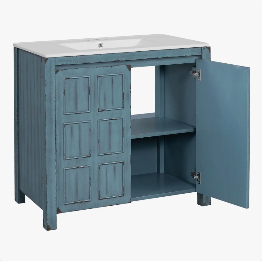 4 Rustic Distressed Blue Freestanding Vanity Cabinet with Double Storage Shelves