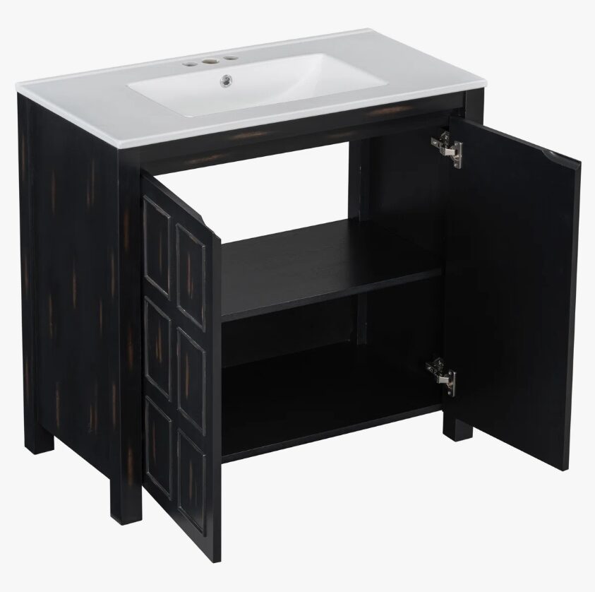 4 Rustic Weathered Black Freestanding Vanity with Double Storage Shelves