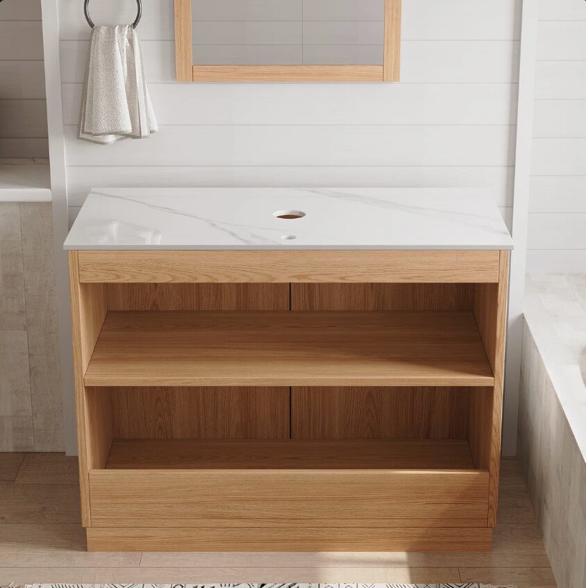 4 36" Oak Fluted Bathroom Vanity with Marble Countertop & Gold Handles
