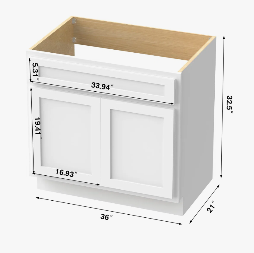 36" White Shaker Bathroom Vanity Cabinet Without Sink Top