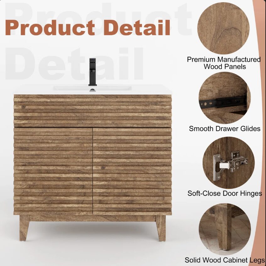 4 36 Inch 3D Fluted Wood Bathroom Vanity with Integrated White Sink Soft Close Doors