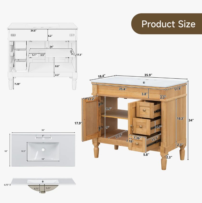 36 Inch Natural Solid Wood Farmhouse Single Sink Bathroom Vanity with Ceramic Sink & Gold Knobs