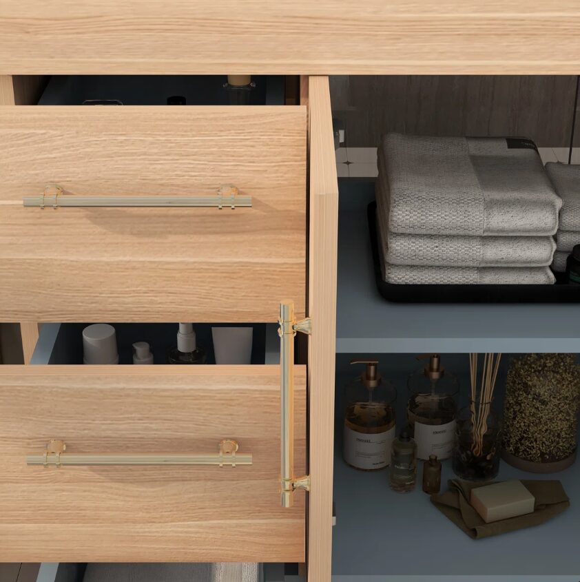 4 36 Inch Light Oak Single Sink Bathroom Vanity Integrated Solid Surface Top Soft Close Drawers & Doors