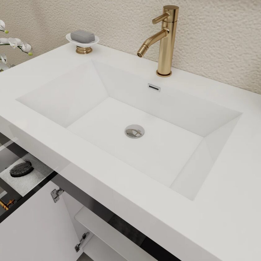 36 Inch High Gloss Black Single Sink Bathroom Vanity Solid Surface Top Soft Close Drawers Gold Hardware