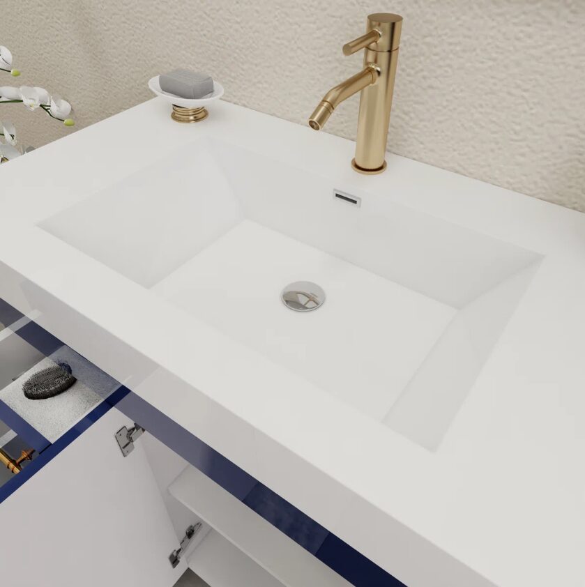 4 Contemporary Glossy Blue Vanity Cabinet with Brushed Gold Pulls for Modern Bathroom Renovation