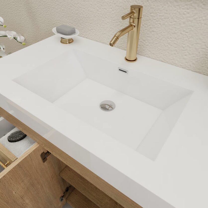 4 Modern Freestanding Oak Bathroom Vanity with 3 Drawers & Double Storage Doors