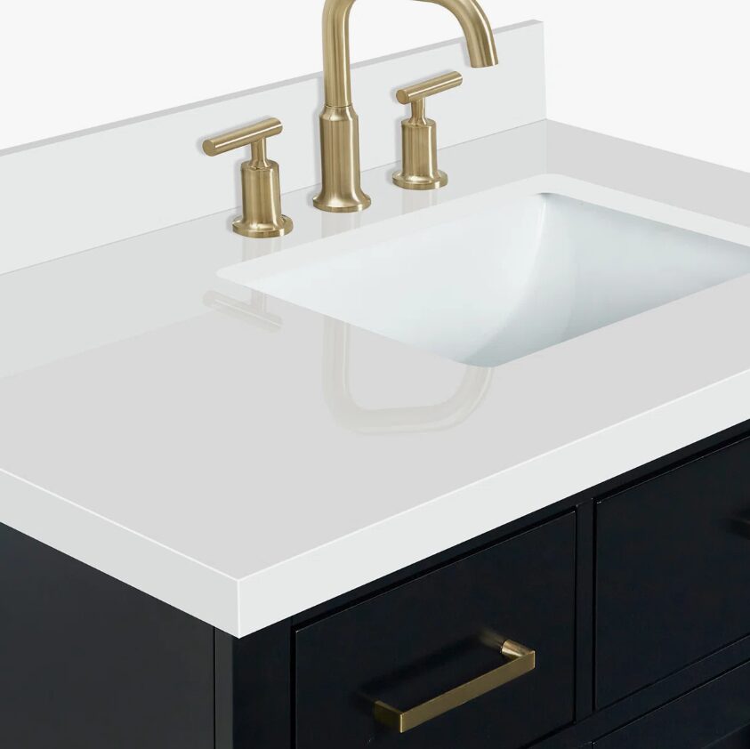 4 36 Inch Matte Black Single Sink Bathroom Vanity White Quartz Top Soft Close Drawers Brushed Gold Hardware