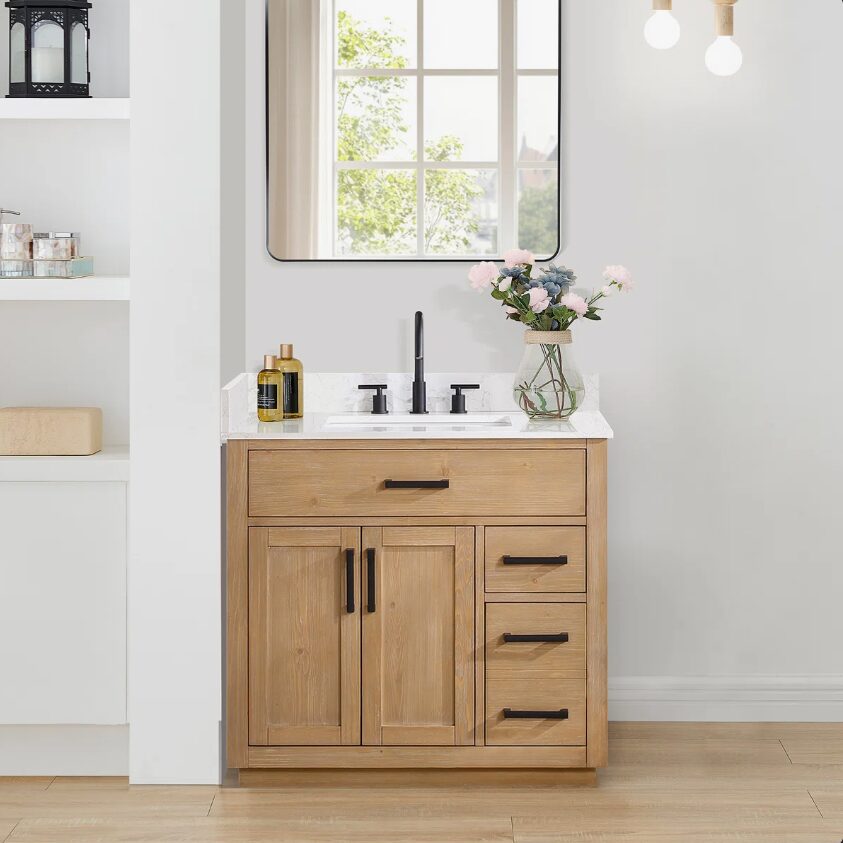 Natural Wood Single Sink Bathroom Vanity with Dovetail Drawers