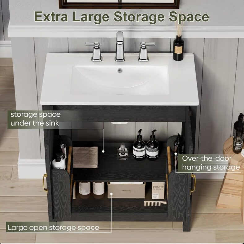 30 Inch Black Farmhouse Barn Door Single Sink Bathroom Vanity with RGB LED Light & Over-the-Door Storage