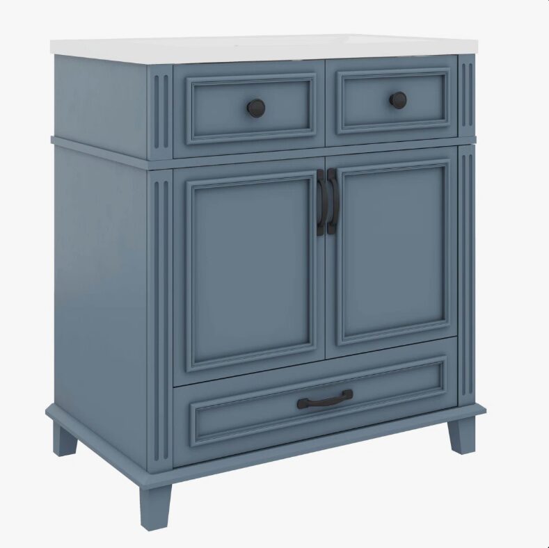 4 Freestanding Traditional Blue Wood Bathroom Vanity with White Integrated Sink Top